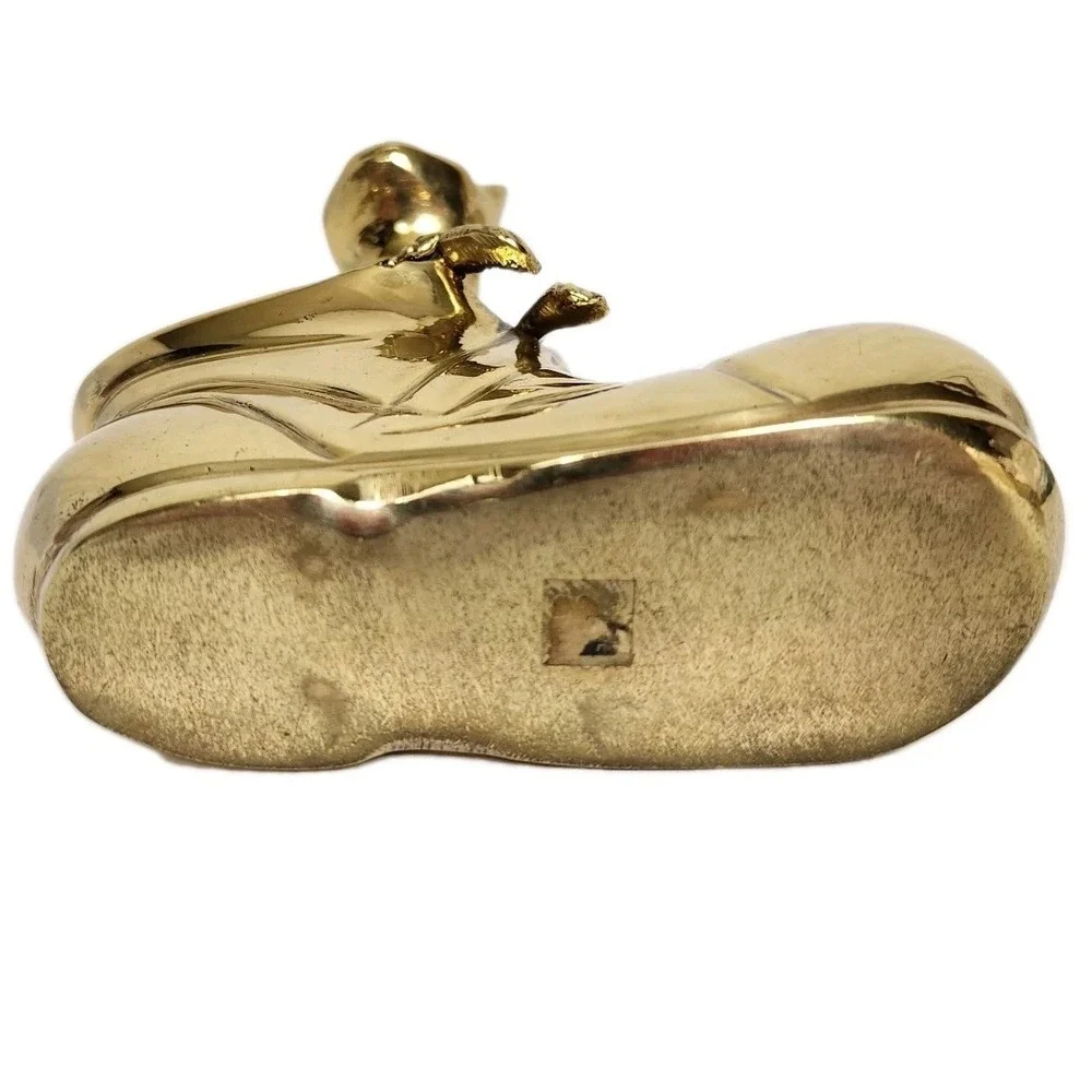 Vintage Brass Cat in Boot Figurine Heavy Kitten Shoe Gold Trinket Paperweight